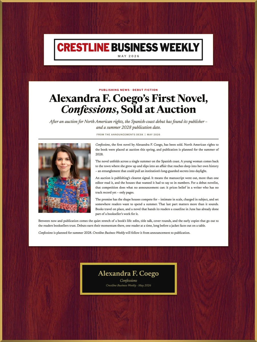 A sample press feature as a keepsake plaque – invented publication, article, and printed inscription